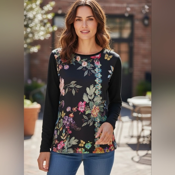 Women's Johnny Was Cashmere & Silk Long Sleeve Floral Black Pullover Top Blouse - Picture 2 of 7